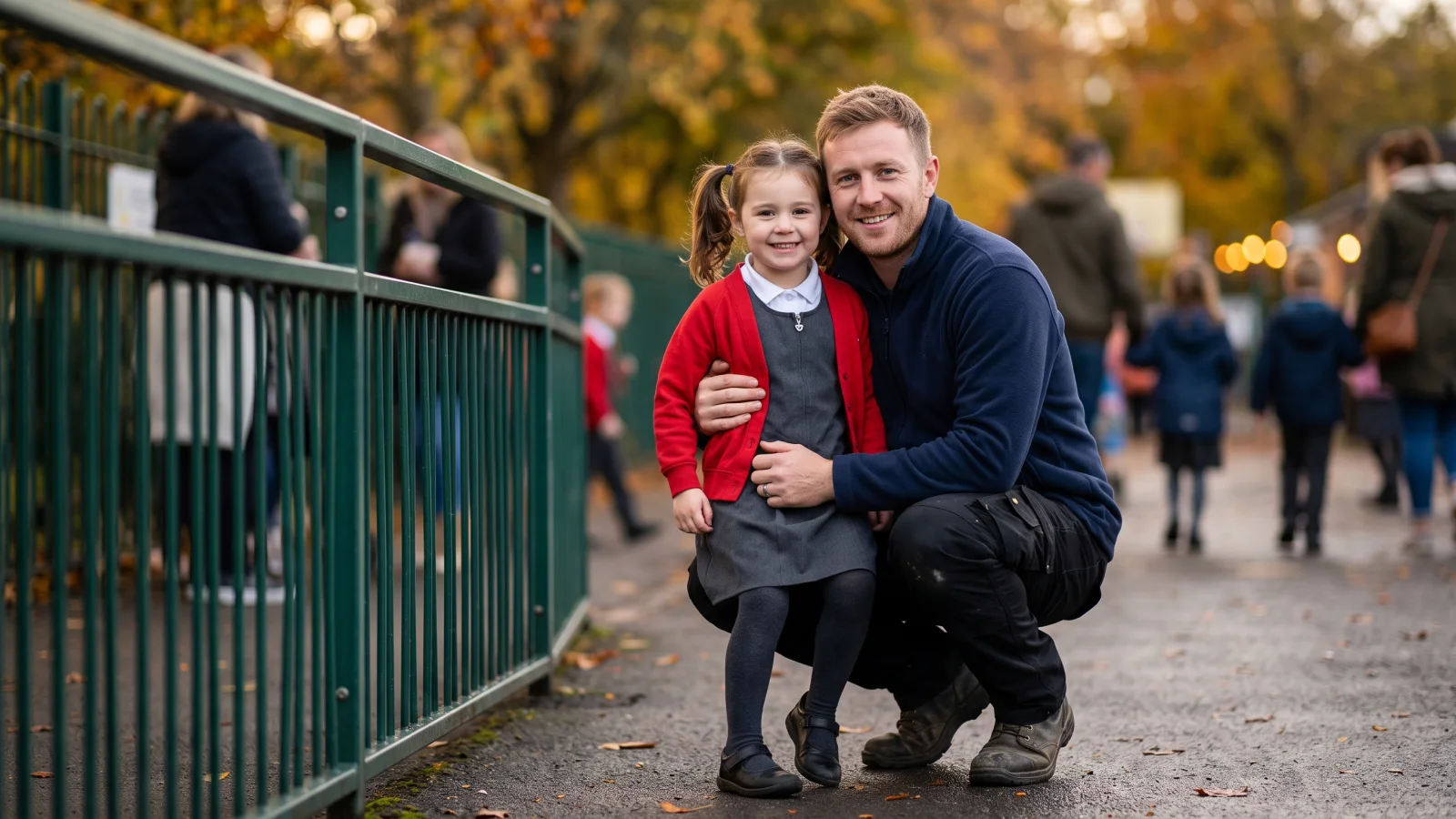 A father in a plain navy work fleece crouches beside his young daughter in a school uniform at a primary school gate on an autumn afternoon.