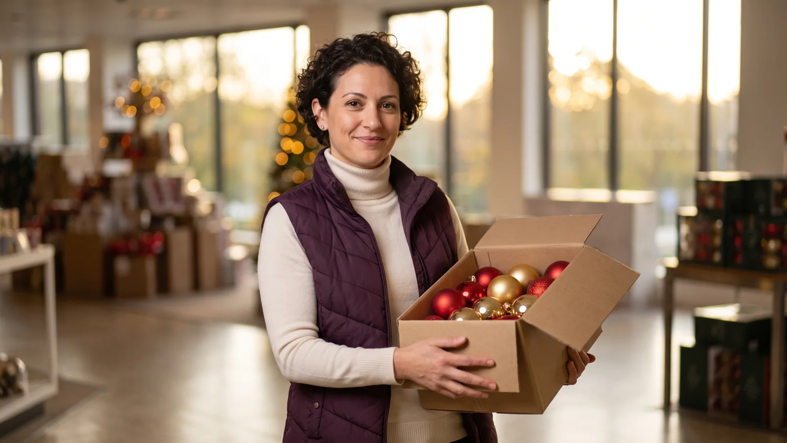 A shop worker in a plum gilet holds a box of unlit Christmas baubles on a quiet UK department store floor on an autumn morning.
