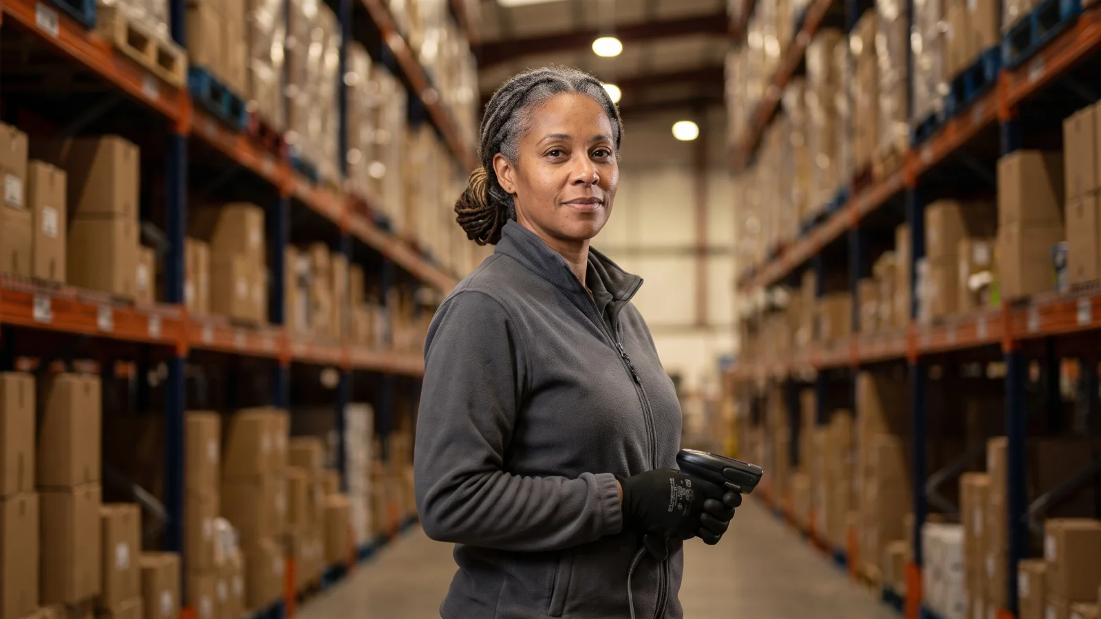A warehouse worker holding a handheld scanner stands in front of tall racking stacked with cardboard boxes in a retail distribution centre.