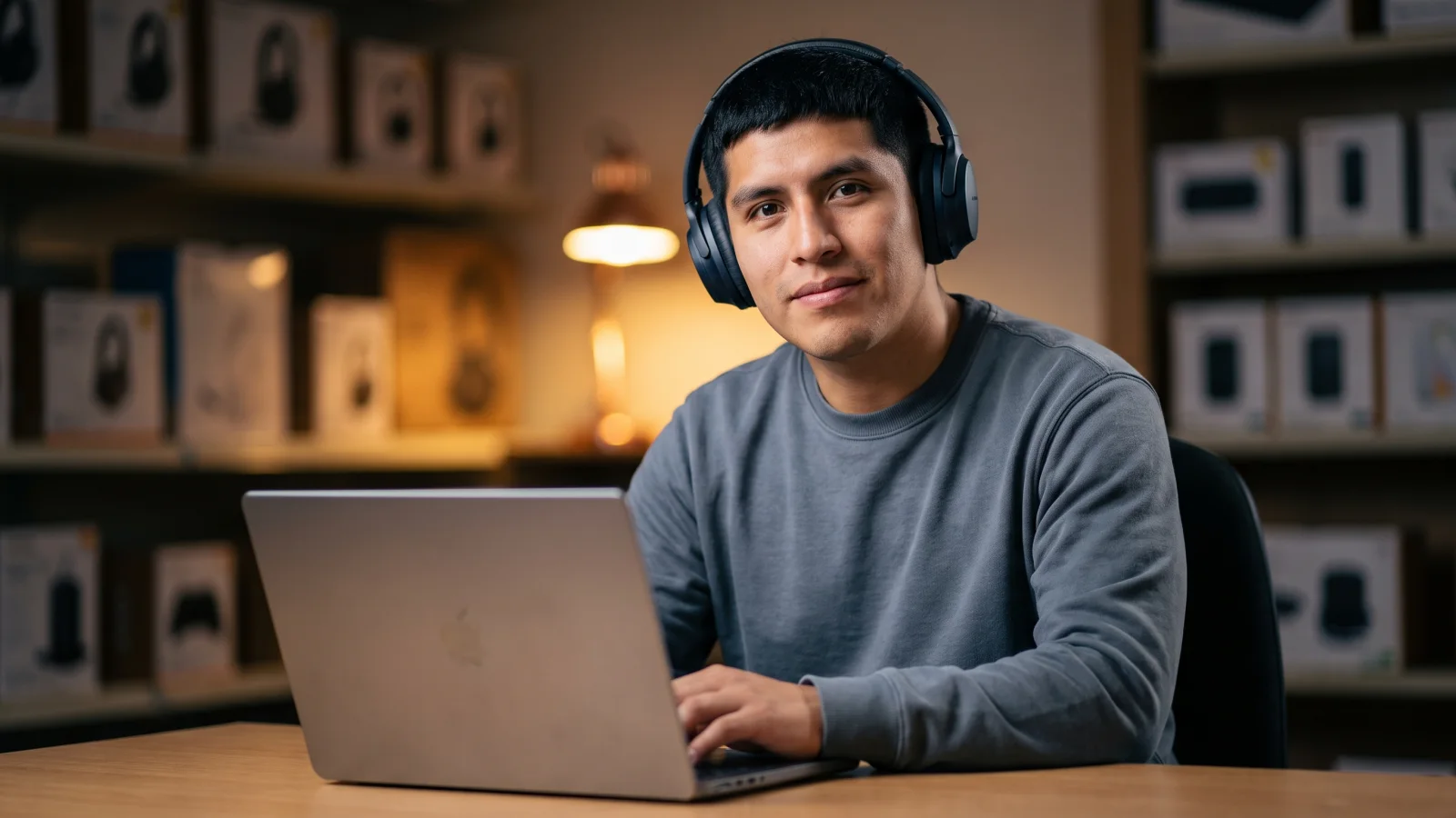 A young man wearing headphones sits at a laptop in a small staff training room, taking an online induction before his first shift.