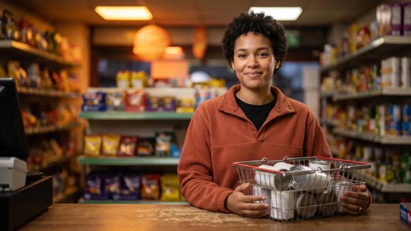 A young shop worker in a plain terracotta fleece holds a basket of stock behind the counter of a small UK convenience store at dusk.