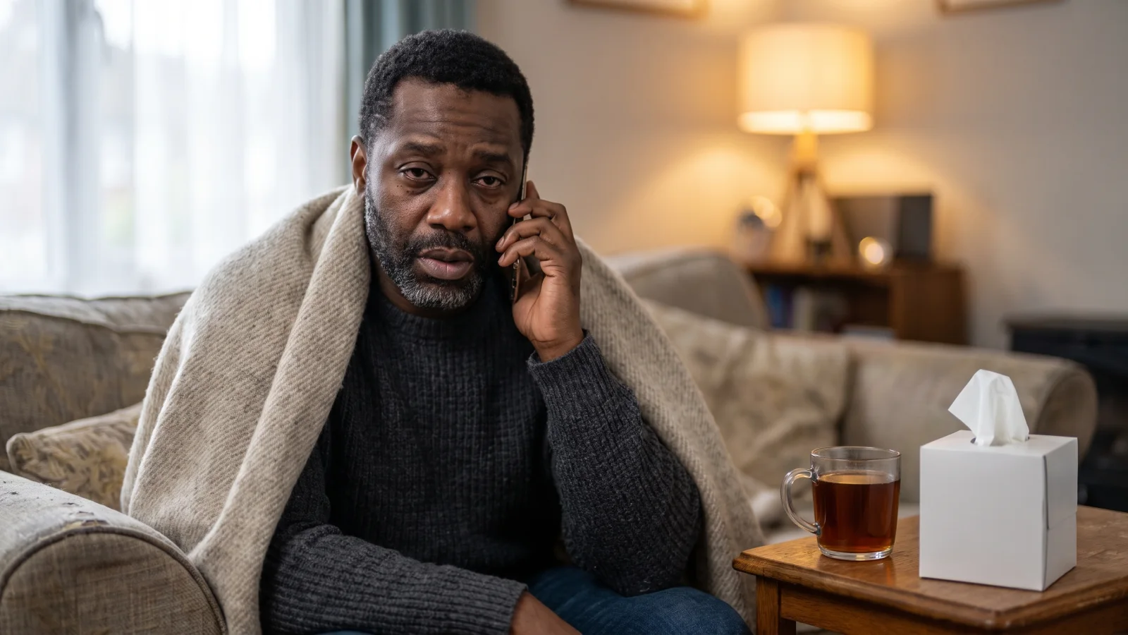 A man wrapped in a blanket on his sofa holds a phone to his ear, calling his manager to say he is too ill to work his shift.