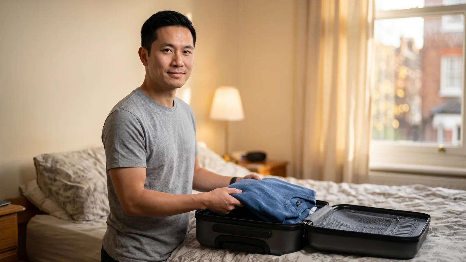 A man in a plain grey t-shirt packs folded clothes into a small suitcase on his bed at home, getting ready for a few days of paid time off.